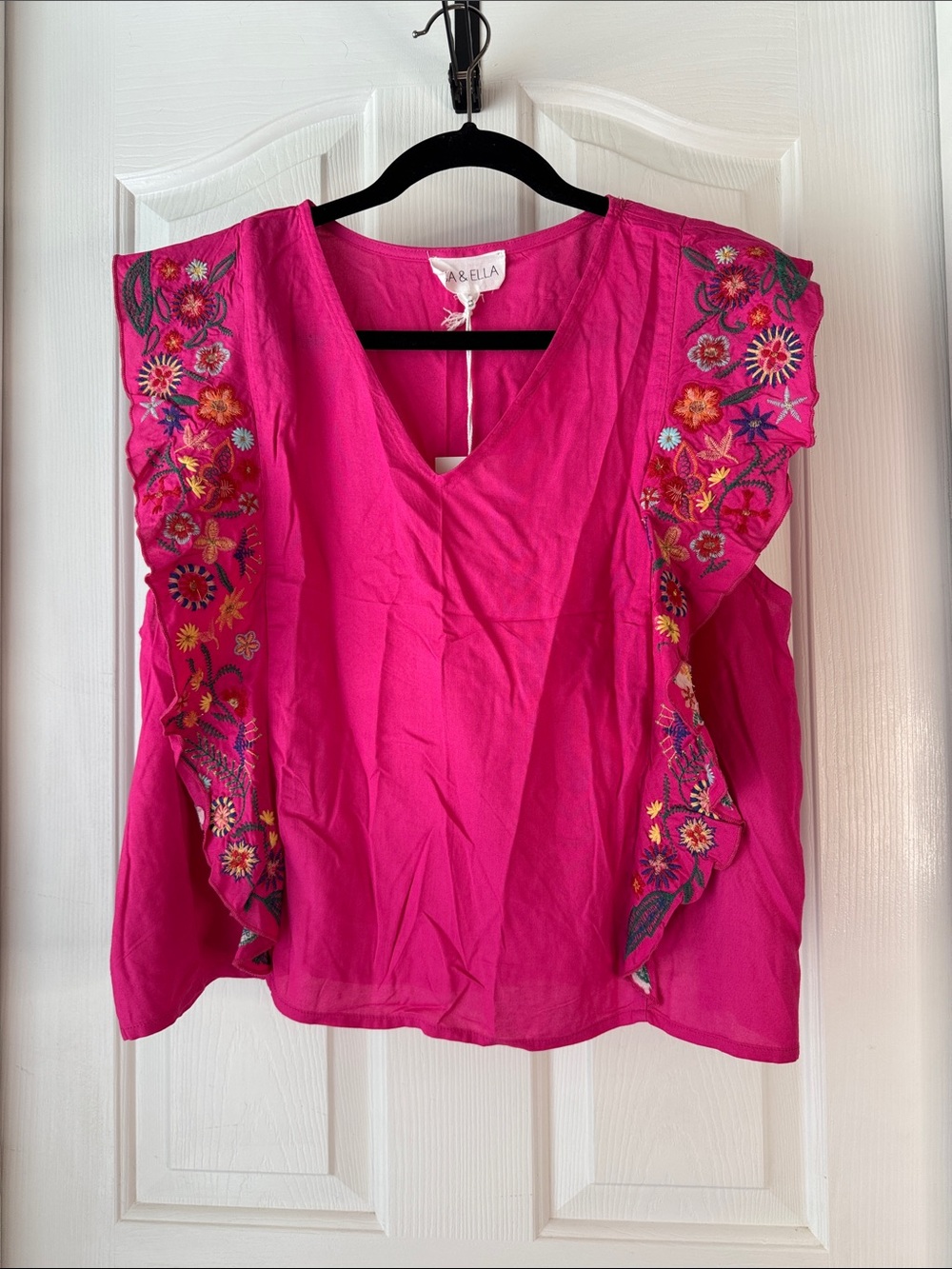 Abella Fuchsia Embroidered Flutter Sleeve V-Neck Blouse